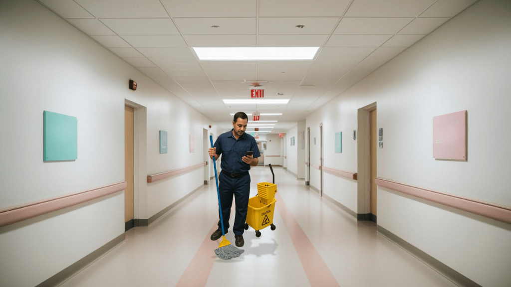 A janitor wearing a navy-blue uniform is mopping the floor in a bright, modern office or hospital hallway. He is looking at his smartphone, appearing to post or browse on social media, while a yellow mop bucket with a “Caution” sign sits beside him. The hallway features soft lighting, clean walls, and pastel-colored signage.