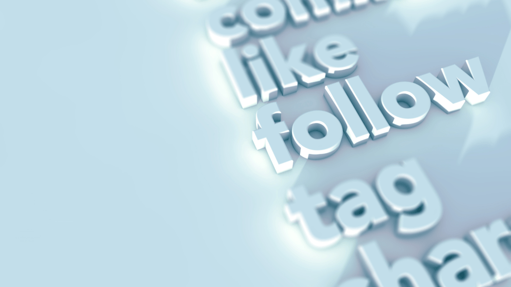 3D words "comment," "like," "follow," and "tag" in white letters on a light blue background, arranged in a slanted vertical alignment.