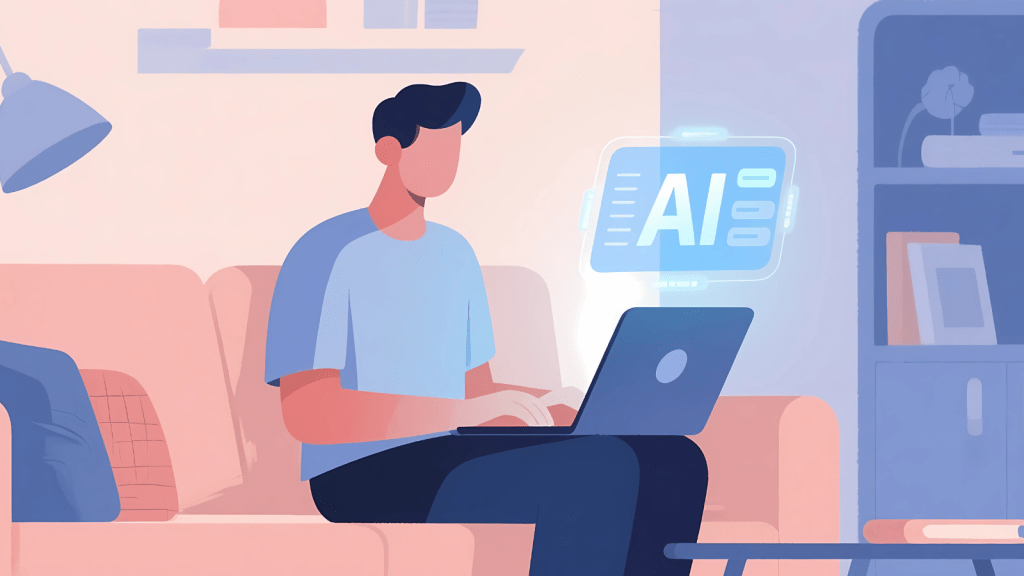 Illustration of a person sitting on a couch using a laptop with a glowing AI icon floating beside the screen, symbolizing artificial intelligence assistance in a modern home setting.