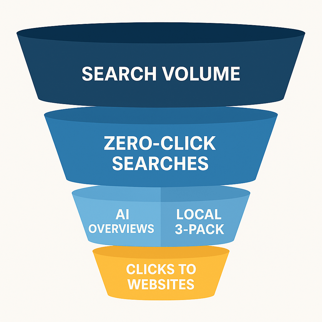 A four-stage funnel graphic illustrating modern search behavior, showing search volume at the top, followed by zero-click searches, then AI overviews and the local 3-pack, with clicks to websites as the smallest section at the bottom.