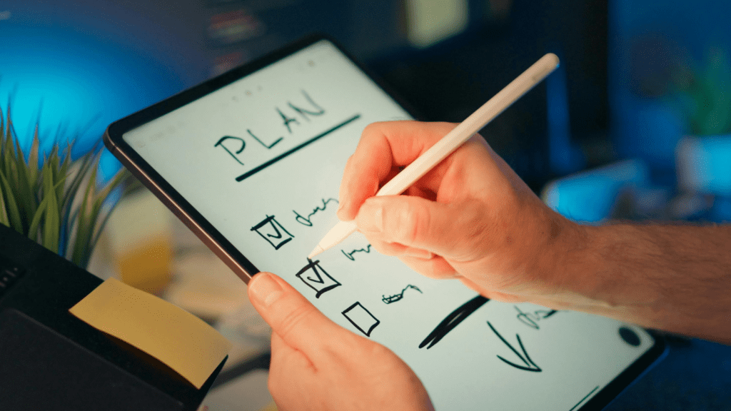 A person writing a digital marketing plan on a tablet with a stylus, highlighting checklist items during the offseason planning period.