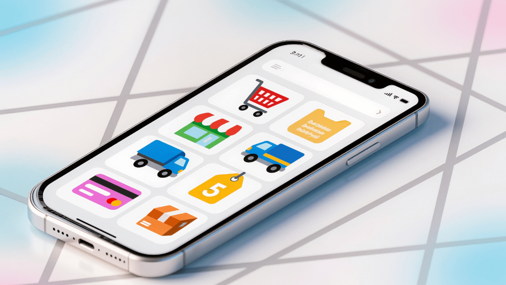 A smartphone displaying colorful shopping icons including a cart, store, delivery truck, price tag and package, representing AI powered online shopping tools.