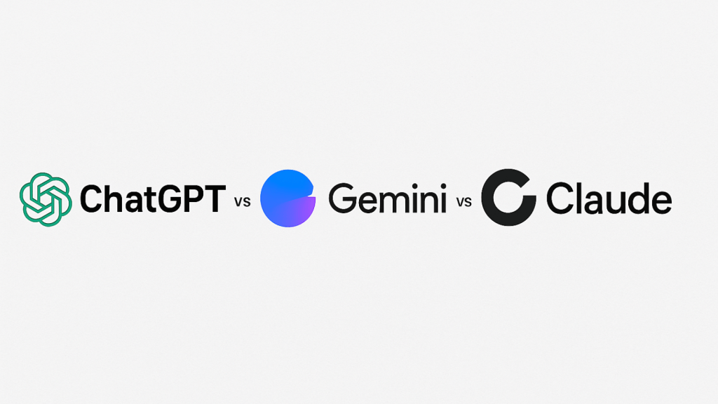 Side by side comparison graphic showing the ChatGPT logo on the left, the Google Gemini logo in the center, and the Claude logo on the right with the words “ChatGPT vs Gemini vs Claude” on a clean white background.