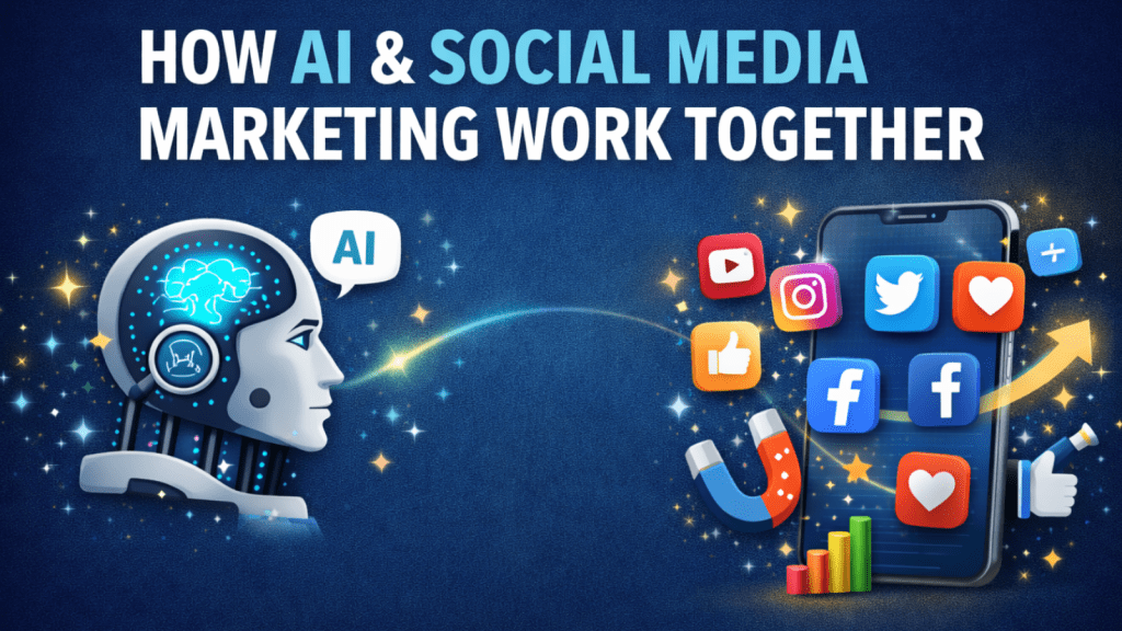 Featured image showing AI and social media marketing working together, with AI technology connecting to social platforms to improve content strategy and digital marketing performance.