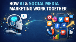 Featured image showing AI and social media marketing working together, with AI technology connecting to social platforms to improve content strategy and digital marketing performance.