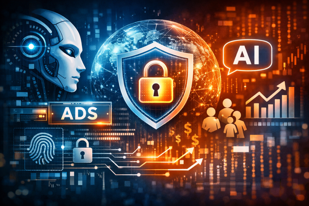 Futuristic AI interface with shield lock, ads icon, data charts, and privacy symbols representing AI marketing and digital trust.