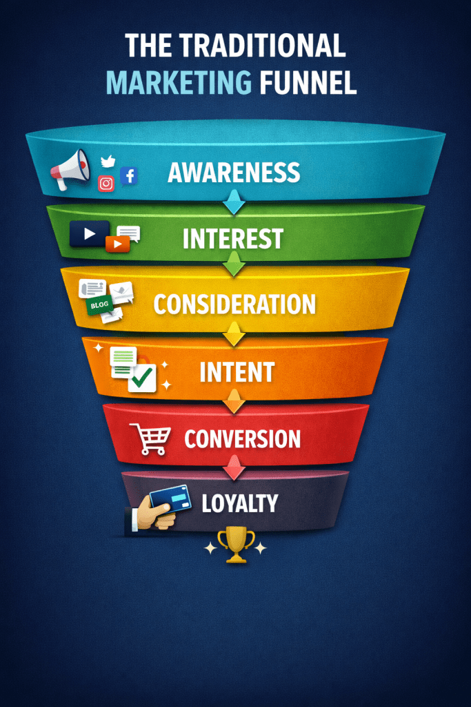 Traditional marketing funnel infographic showing awareness, interest, consideration, intent, conversion, and loyalty stages in classic digital marketing strategy.