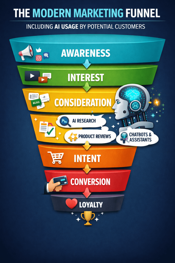 Modern marketing funnel infographic showing how AI influences customer journey stages including AI research, chatbots, and decision making in digital marketing.