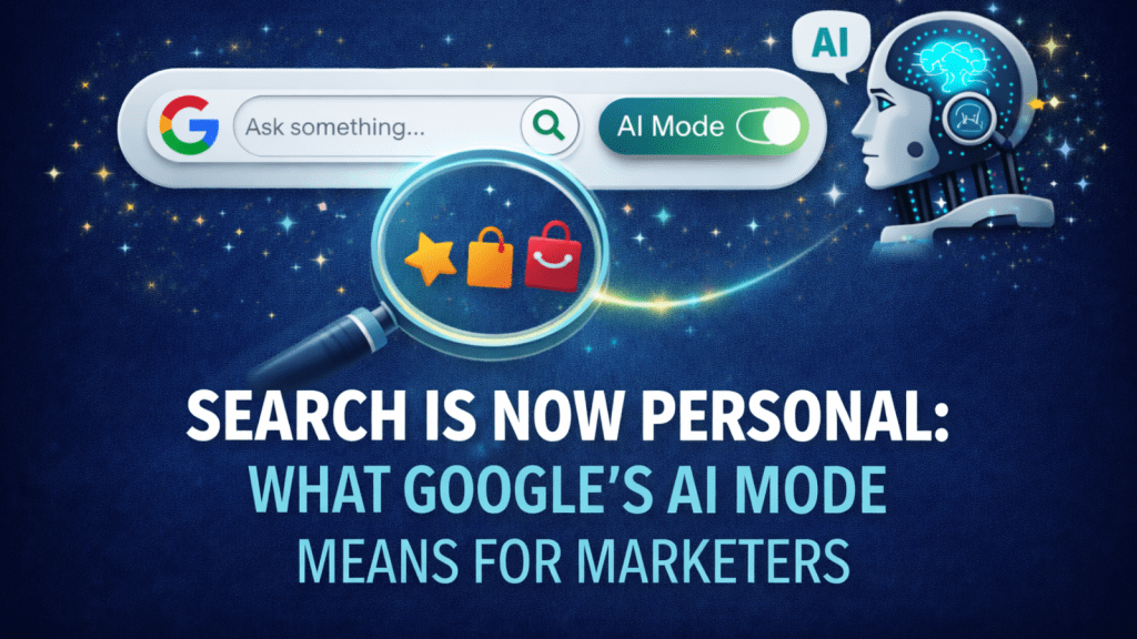 Featured image for marketing blog showing Google AI Mode search interface, illustrating how personalized AI search impacts SEO strategy and modern digital marketing.
