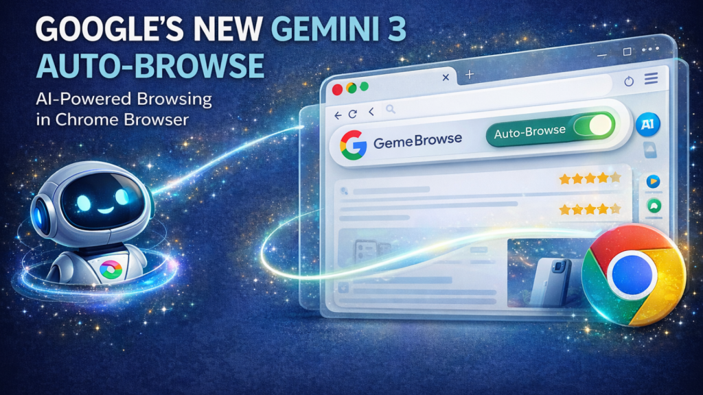 Featured image illustrating Google Gemini 3 Auto-Browse in Chrome, showing AI-powered browsing features and how automation is changing search and digital marketing.