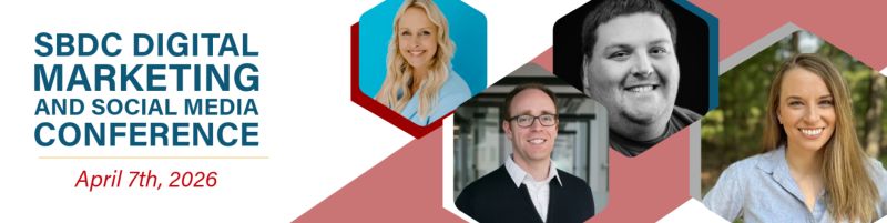 Banner for SBDC Digital Marketing and Social Media Conference, April 7th, 2026, featuring four speaker headshots.