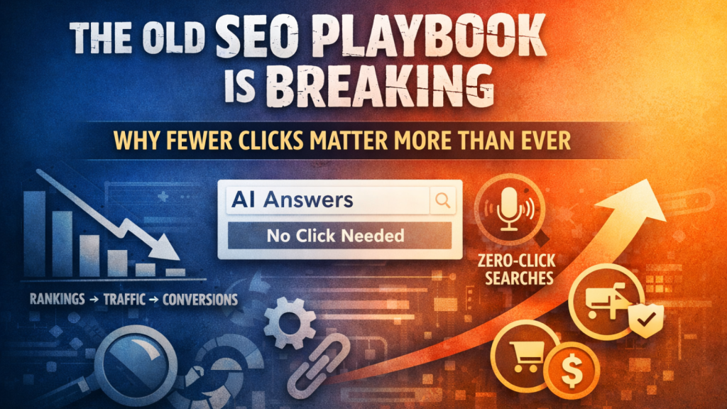 Graphic showing declining SEO traffic, AI answers causing zero-click searches, and rising high-intent conversions.