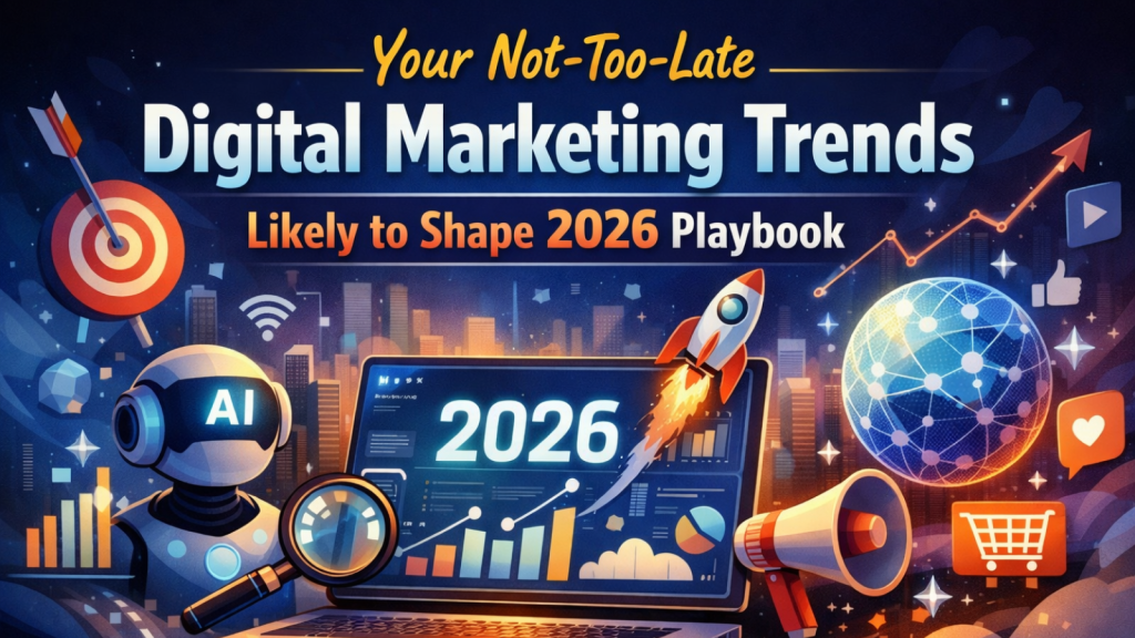 Illustrated digital marketing graphic showing AI, analytics charts, and icons around a laptop labeled 2026, representing future marketing trends.