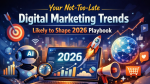 Illustrated digital marketing graphic showing AI, analytics charts, and icons around a laptop labeled 2026, representing future marketing trends.