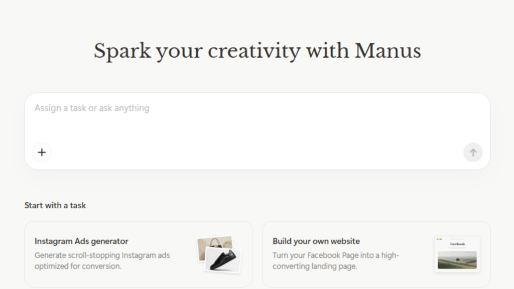 Screenshot of Meta’s Manus AI interface showing the heading “Spark your creativity with Manus,” with options to generate Instagram ads or build a website from a Facebook page.