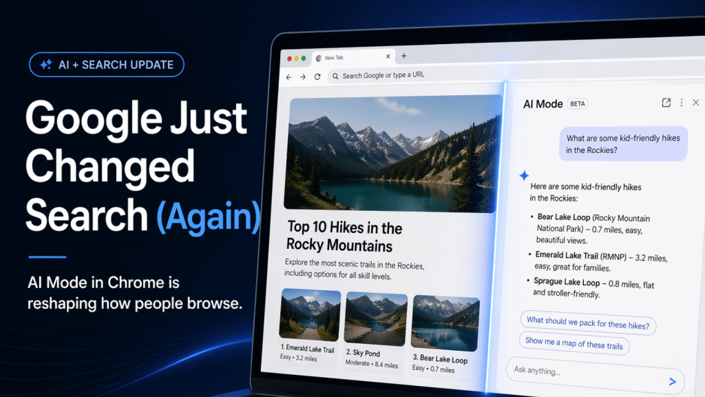 Google AI Mode in Chrome interface with split-screen browsing and AI assistant, illustrating the future of search and user experience