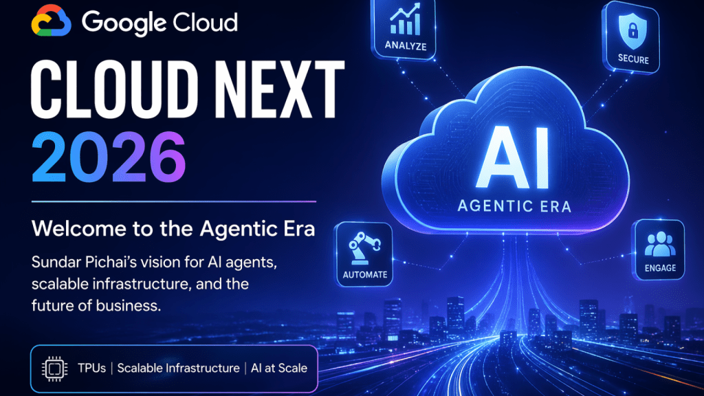 Futuristic promotional graphic for Google Cloud Next 2026 featuring a glowing digital cloud labeled “AI Agentic Era” connected to icons for analyze, secure, automate, and engage, with neon-lit data pathways leading into a cityscape and text highlighting scalable infrastructure and AI at scale.