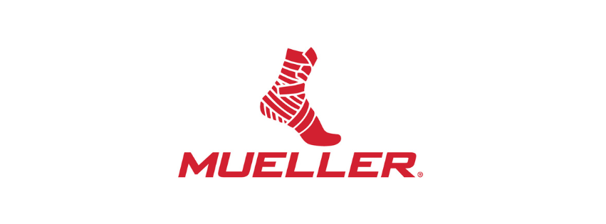 Mueller Sports Medicine logo featuring a red athletic ankle wrap icon and bold red text