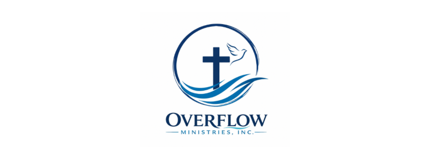 Overflow Ministries logo with a cross, dove, and flowing water design in blue tones