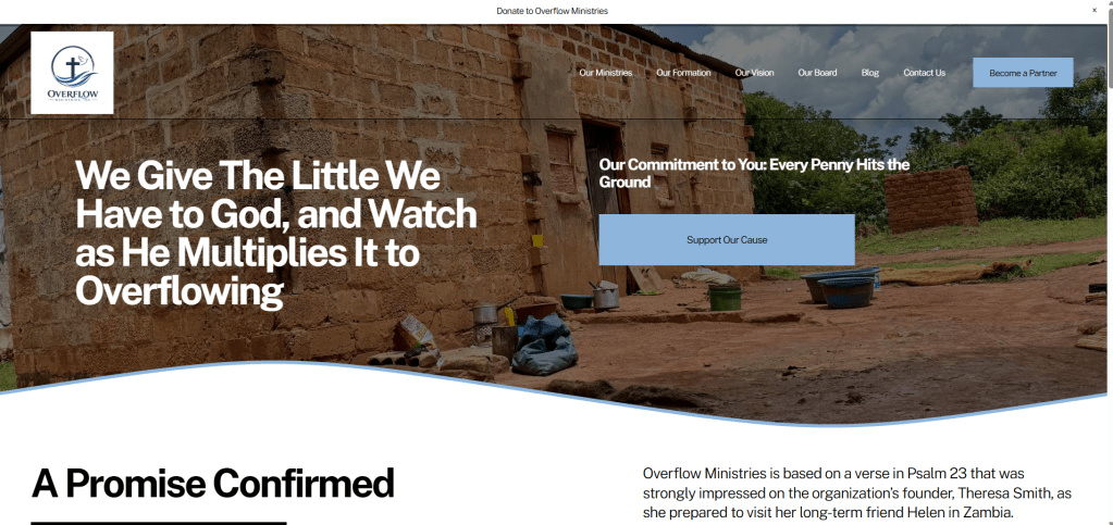 Nonprofit ministry website homepage for Overflow Ministries featuring a mission statement, rural outreach setting, and a donation call-to-action button.