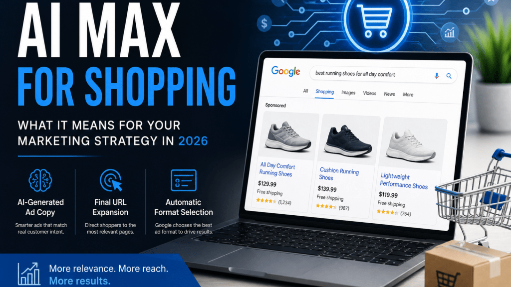 AI Max for Shopping graphic showing a laptop with Google Shopping results, highlighting AI-driven ads and ecommerce optimization features