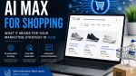 AI Max for Shopping graphic showing a laptop with Google Shopping results, highlighting AI-driven ads and ecommerce optimization features