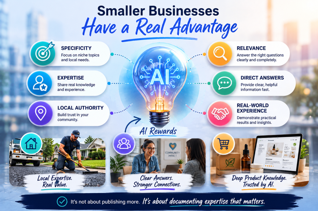 Infographic explaining how AI-powered search creates opportunities for smaller businesses by rewarding specificity, expertise, local authority, direct answers, relevance, and real-world experience, with examples including local contractors, nonprofits, and niche ecommerce brands.