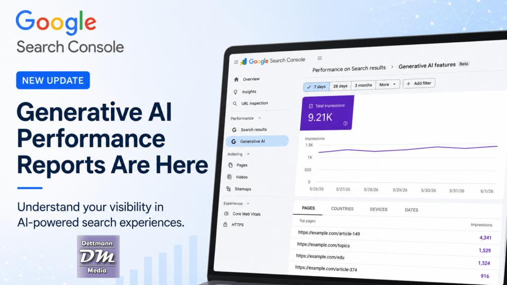 Promotional graphic announcing Google Search Console’s new Generative AI Performance Reports. The image features a laptop displaying the Google Search Console interface with a “Generative AI features” dashboard showing impressions data, performance graphs, and top pages. Large headline text reads “Generative AI Performance Reports Are Here” beside a blue “New Update” label, with a light blue gradient background and subtle network-style digital graphics.