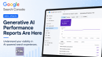 Promotional graphic announcing Google Search Console’s new Generative AI Performance Reports. The image features a laptop displaying the Google Search Console interface with a “Generative AI features” dashboard showing impressions data, performance graphs, and top pages. Large headline text reads “Generative AI Performance Reports Are Here” beside a blue “New Update” label, with a light blue gradient background and subtle network-style digital graphics.