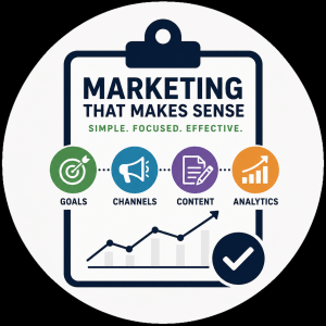Illustrated marketing strategy icon featuring a clipboard with the words “Marketing That Makes Sense” above four connected categories labeled Goals, Channels, Content, and Analytics. The design includes colorful circular icons, an upward-trending analytics graph, and a checkmark symbol representing a simple, organized, and measurable marketing framework.