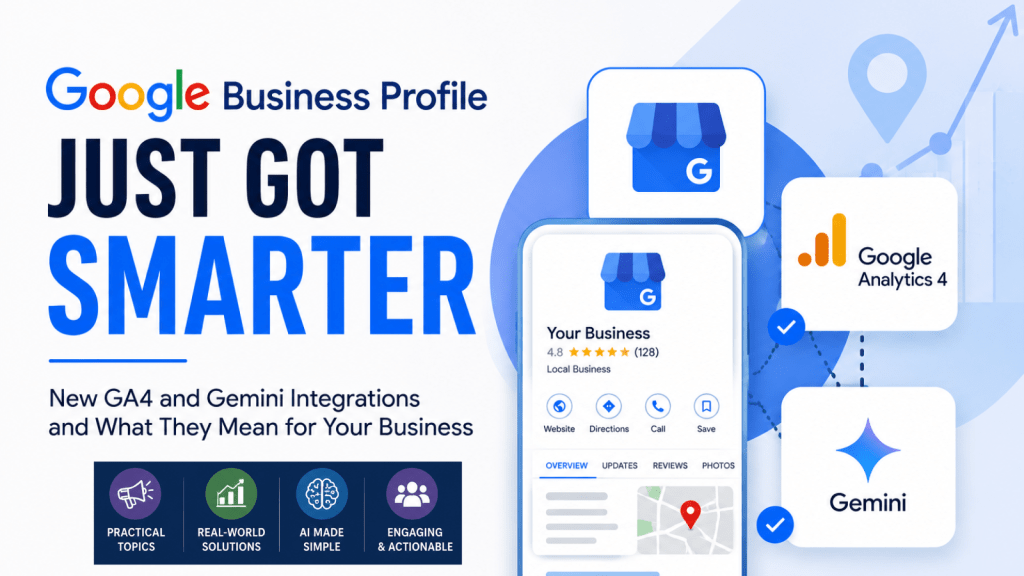 Graphic promoting a blog post about new Google Business Profile integrations with GA4 and Gemini AI. The image features bold text reading “Google Business Profile Just Got Smarter,” alongside visual icons for Google Analytics 4 and Gemini, a smartphone-style Google Business Profile interface, and business growth graphics in blue and white tones.