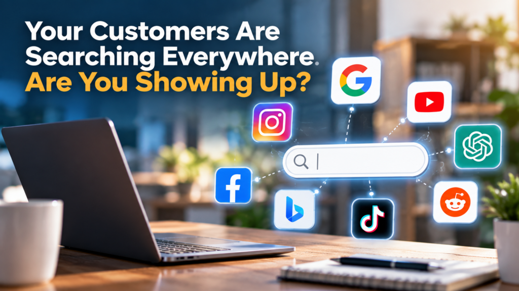 Digital marketing graphic featuring a search bar surrounded by Google, Instagram, YouTube, ChatGPT, Reddit, Facebook, Bing, and TikTok icons, with the headline “Your Customers Are Searching Everywhere. Are You Showing Up?” highlighting the importance of visibility beyond traditional search engines.