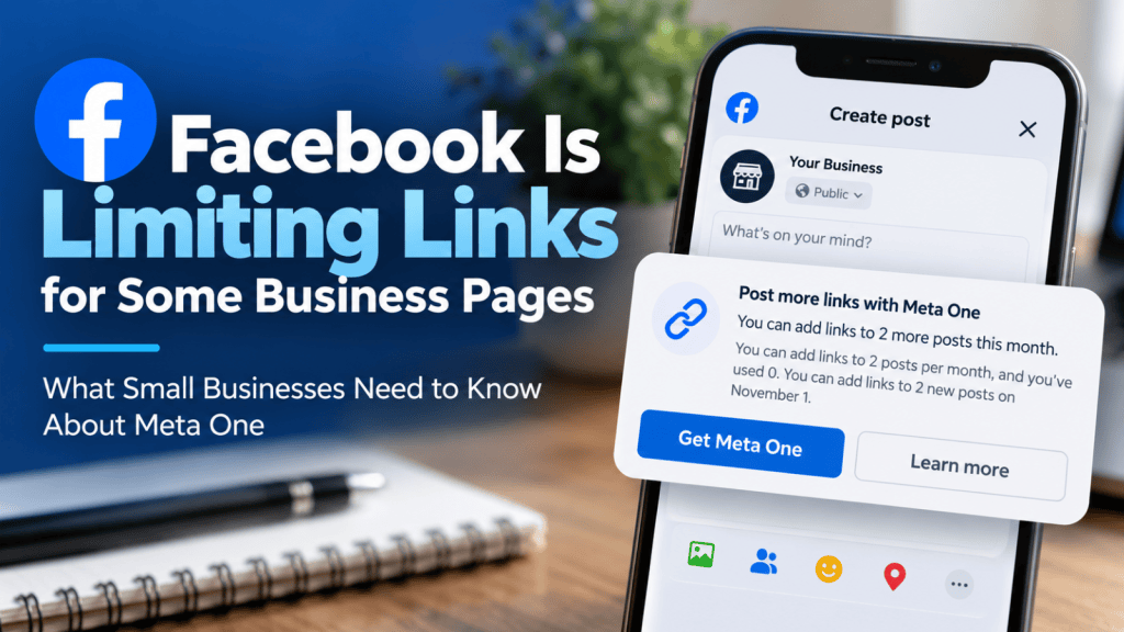 Featured image about Facebook limiting external links for some business Pages, showing a smartphone with a Meta One link-limit notification and text explaining what small businesses need to know.