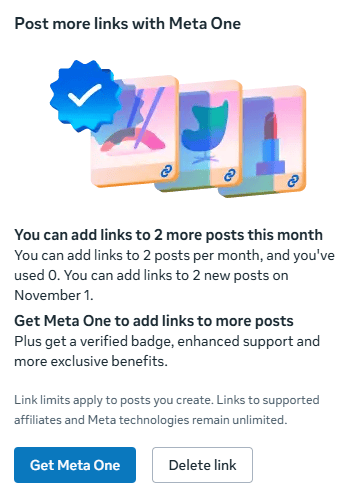 Meta Business notification explaining that Pages can add external links to two posts per month, with an option to subscribe to Meta One for additional link posting.